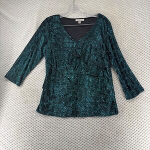 ROZ & ALI Petite PM Teal Black Geometric Patterned Long Sleeve‎ V-Neck Top